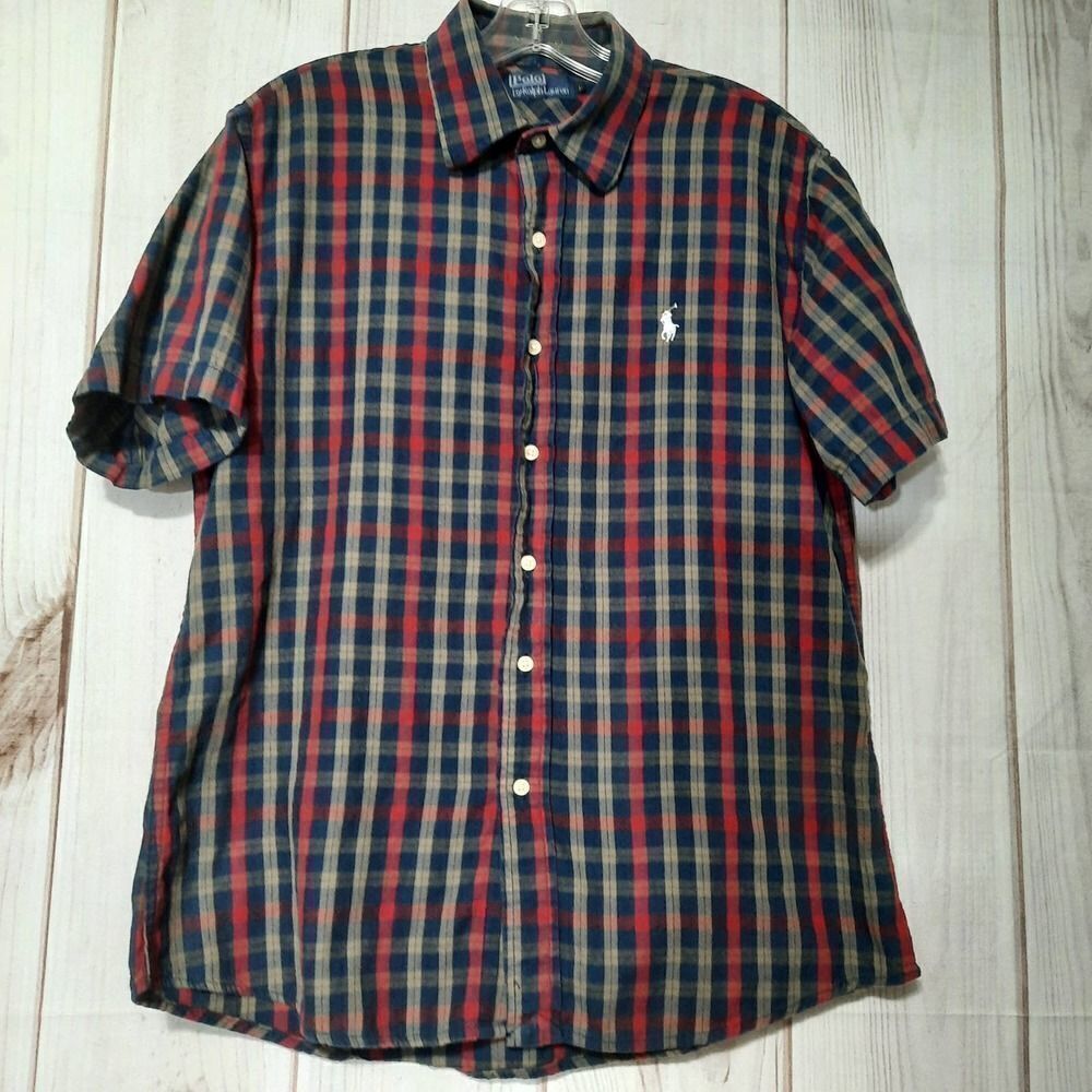 Polo Ralph Lauren Mens Large Short Sleeve Plaid Button Down Shirt Navy Red Tan